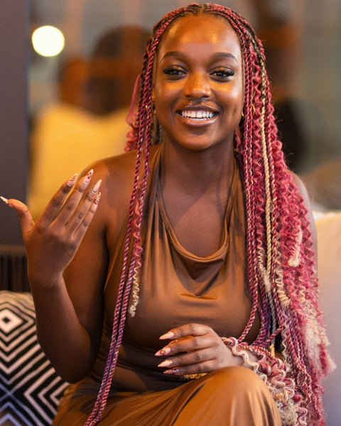 Long knotless braids in warm red and blonde, Aunty Cherish pre-stretched braiding hair
