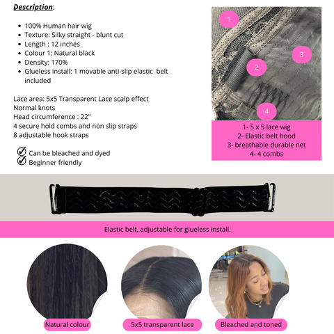 12" 5x5  Natural Black Bone Straight Wig