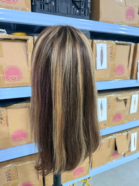 17 inch human hair lace front wig, chocolate brown with golden blonde highlights, on a stand