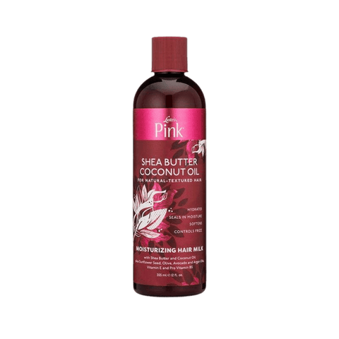 Pink bottle of Luster’s Pink Shea Butter Coconut Oil Moisturizing Hair Milk 355ml. Daily moisturizer for soft, frizz-free curls and coils.