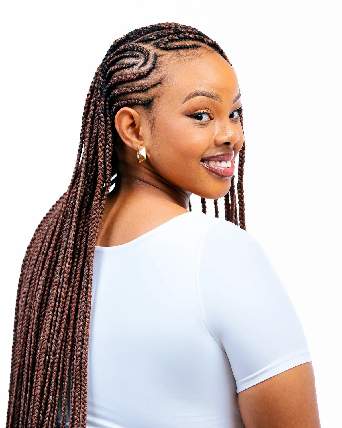 Model wearing PANKINA [350/30/33/613] - 52 Inch Pre-Stretched Braiding Hair (26" Braided)
